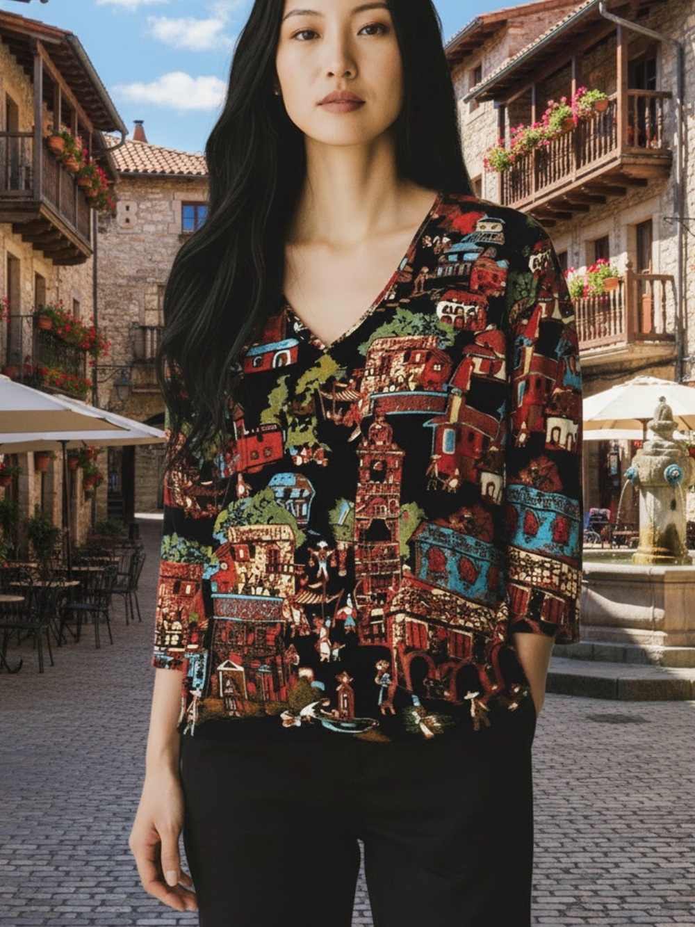 Chico's Black V-Neck Print Top